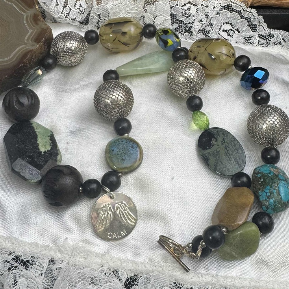 HANDCRAFTED MULTI GEMSTONE WOOD GLASS PENDANT NECKLACE